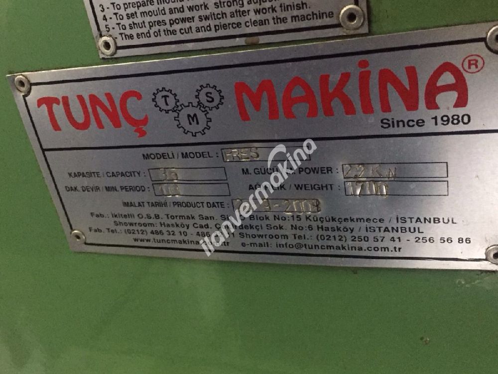 TUNÇ MARKA 35 TON ÇELİK GÖVDE EKSANTRİK PRES 2008 MODEL