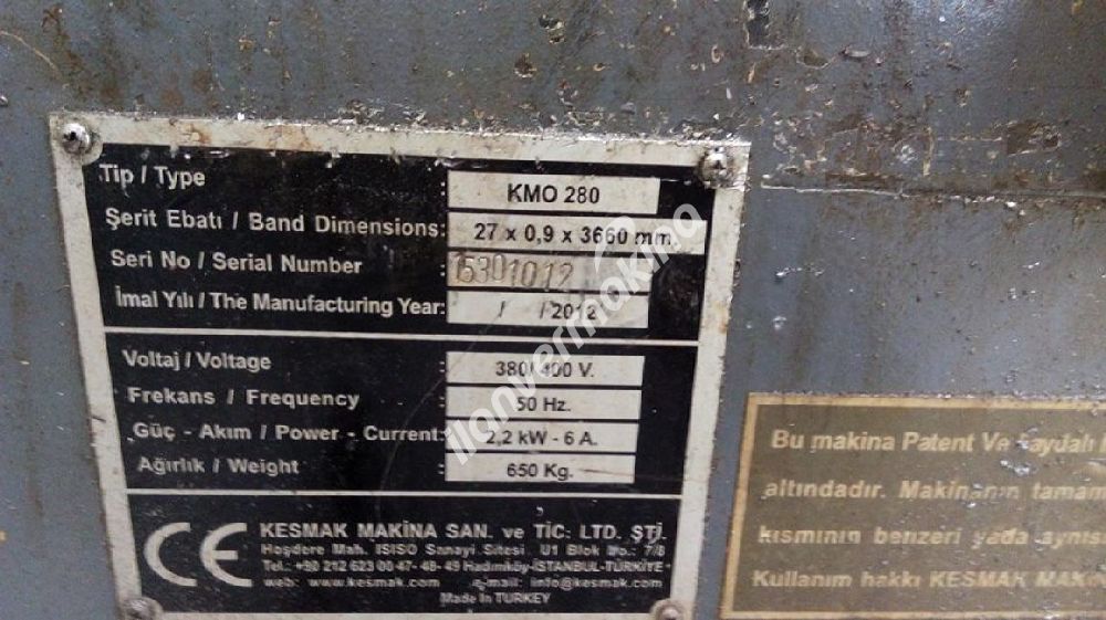 2012 MODEL KESMAK 280LİK TAM OTOMATİK ŞERİT TESTERE 