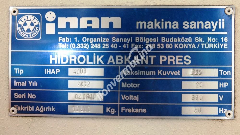 2002 Model Mvd İnan 4 Metre 225 Ton 8 mm büküm Abkant Pres